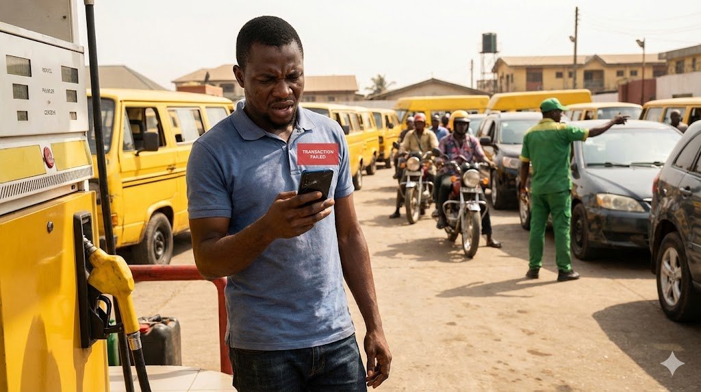 A young Nigerian man looking frustrated at his phone screen showing a failed transaction notification at a busy Lagos filling station