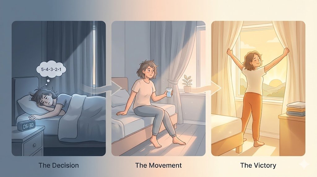A step-by-step visual showing a person's journey from lying in bed to standing up and opening curtains, illustrated in three progressive frames with morning light increasing in each frame.