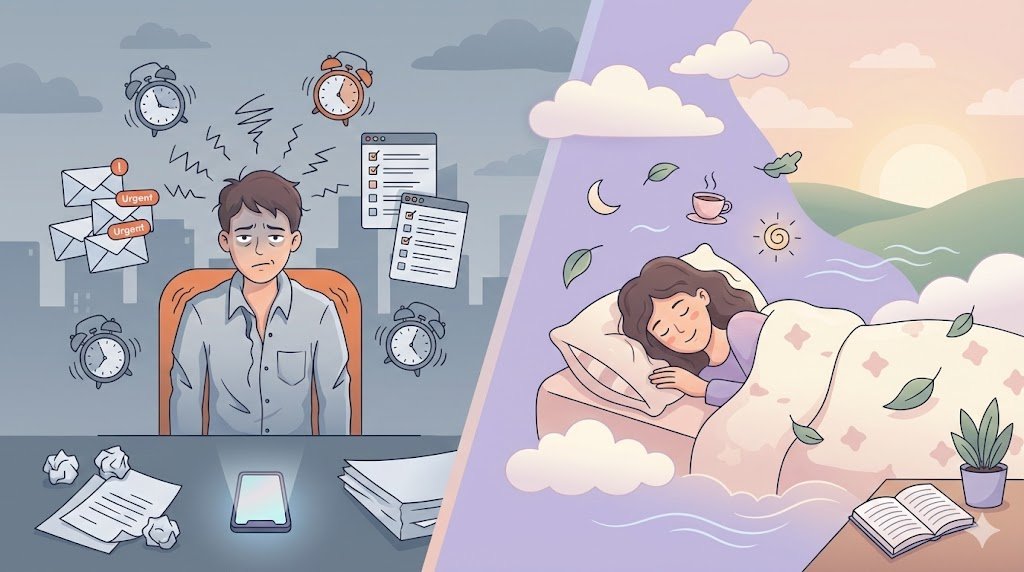 A split-image illustration showing a stressed person on the left transforming into a relaxed, refreshed person on the right after mindful rest, with visual elements representing stress relief and mental clarity.