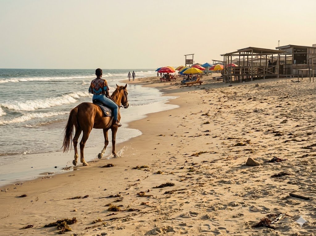 Brown horse with rider on Elegushi Beach Lekki Lagos with Atlantic Ocean waves in background and colorful beach umbrellas visible, capturing classic Lagos beach photography aesthetic