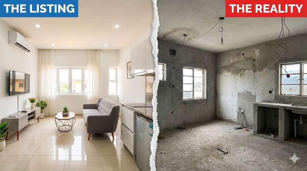 Split image comparing beautiful apartment listing photo on left with disappointing real apartment condition on right