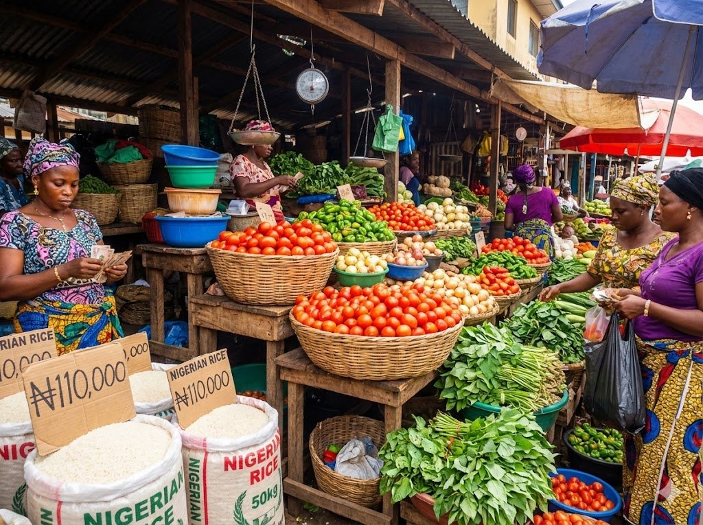 Vibrant Nigerian market scene in Lagos showing fresh tomatoes, peppers, rice bags, and vegetables with market vendors serving customers representing affordable local food shopping