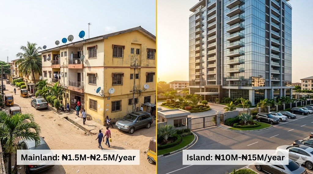 Split-screen comparison showing affordable Lagos Mainland apartment building in Surulere versus luxury Victoria Island high-rise condominium illustrating rent price differences"