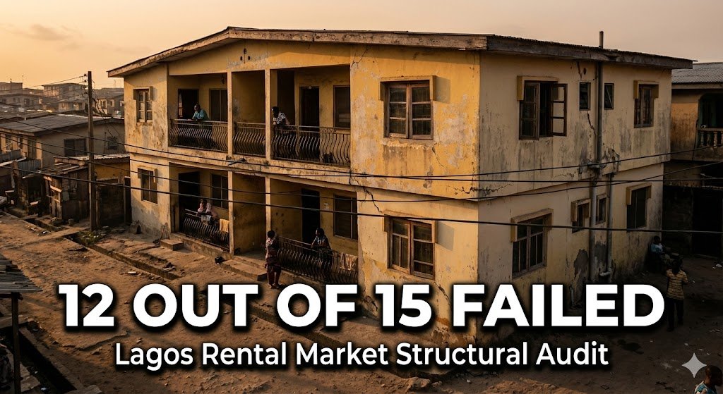 Lagos budget apartment building with visible structural cracks and safety inspection checklist overlay