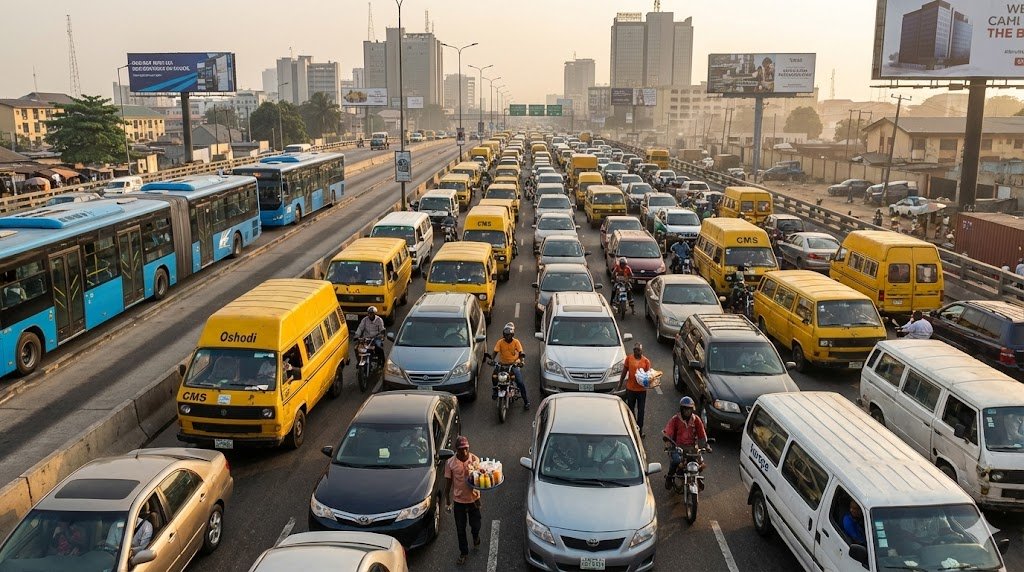 Heavy Lagos traffic jam showing yellow Danfo buses, private cars, okada motorcycles, and commuters illustrating daily transportation challenges and costs in Nigeria's busiest city