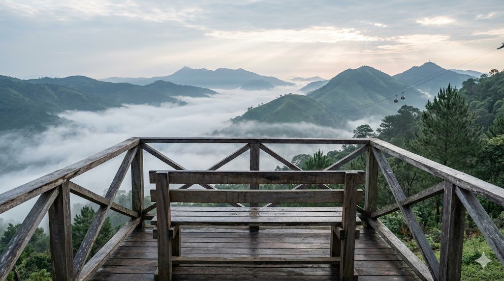 Panoramic view of misty green mountains and valleys from Obudu Mountain Resort in Cross River State Nigeria with wooden viewing deck and cable car visible in the distance