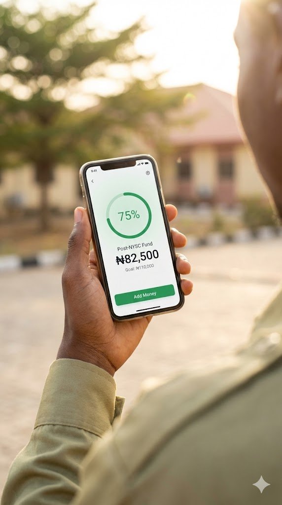 Smartphone showing savings progress of ₦110,000 goal for post-NYSC fund with Nigerian corps member hand holding device