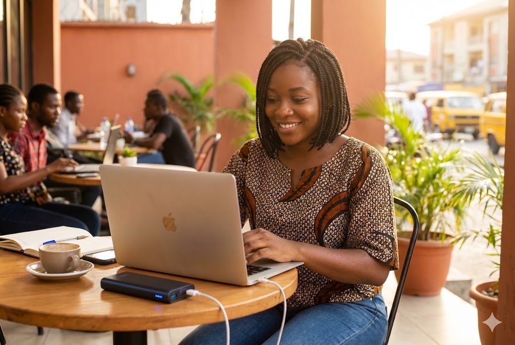 Young Nigerian woman working on laptop powered by power bank at outdoor café in Lagos during afternoon