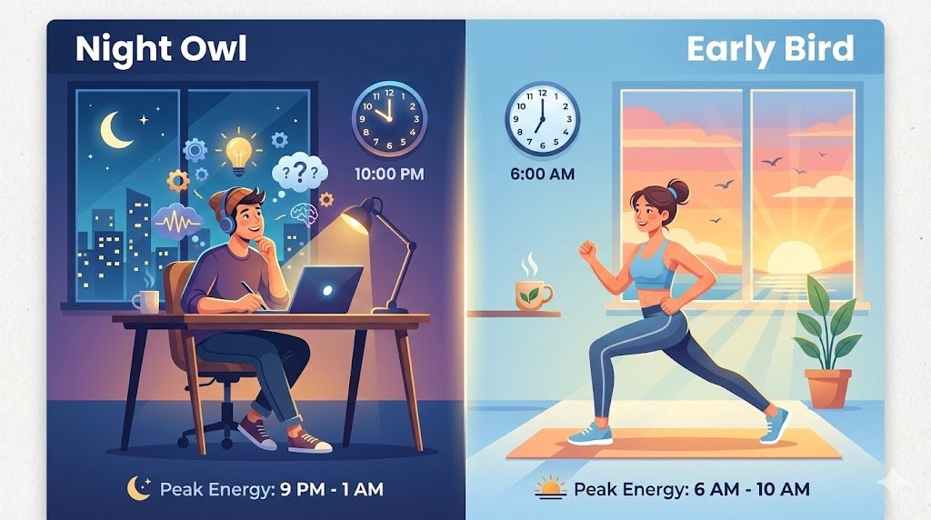Split illustration comparing a night owl person energetic and creative at 10 PM versus an early bird person energetic at 6 AM, showing different peak productivity times