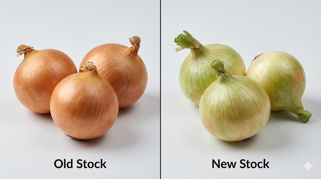 Side-by-side comparison of old dry onions with papery brown skin versus new fresh onions with green stems showing the difference Nigerian shoppers should know