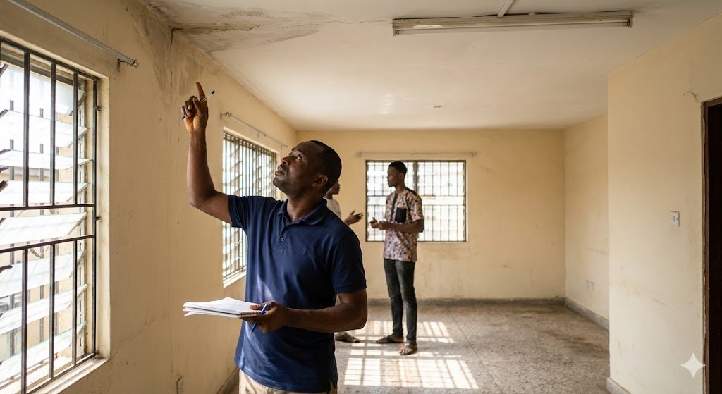 Nigerian structural engineer inspecting apartment ceiling and walls during rental property assessment