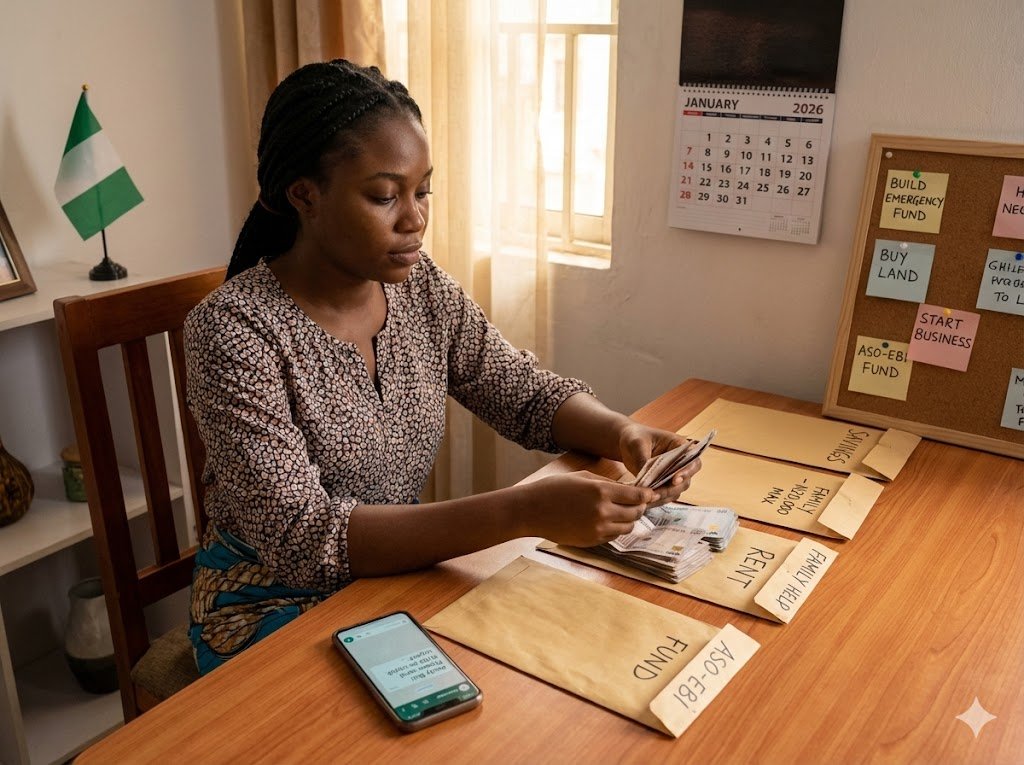 Nigerian person politely declining money request while organizing budget envelopes labeled for family and savings
