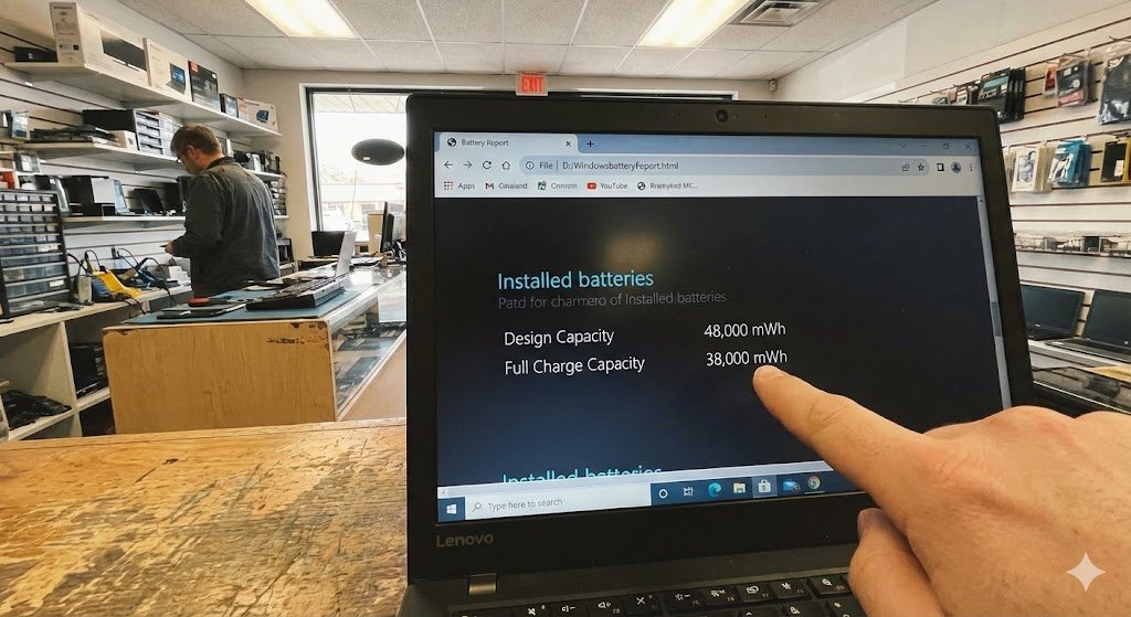 Laptop screen showing Windows battery report with health percentage highlighted