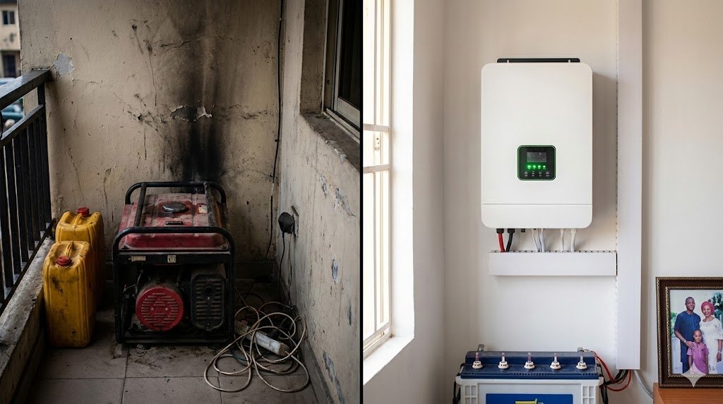 "Split image comparison showing old petrol generator on left and modern solar inverter setup on right in Nigerian home setting