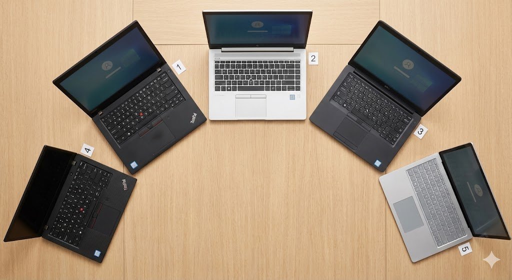 Five different business laptops arranged on a wooden desk showing ThinkPad, HP EliteBook, and Dell Latitude models