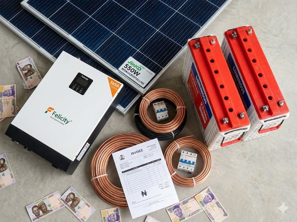 Flat lay arrangement of solar installation components including Jinko panels, Felicity inverter, and Luminous batteries with Nigerian Naira currency