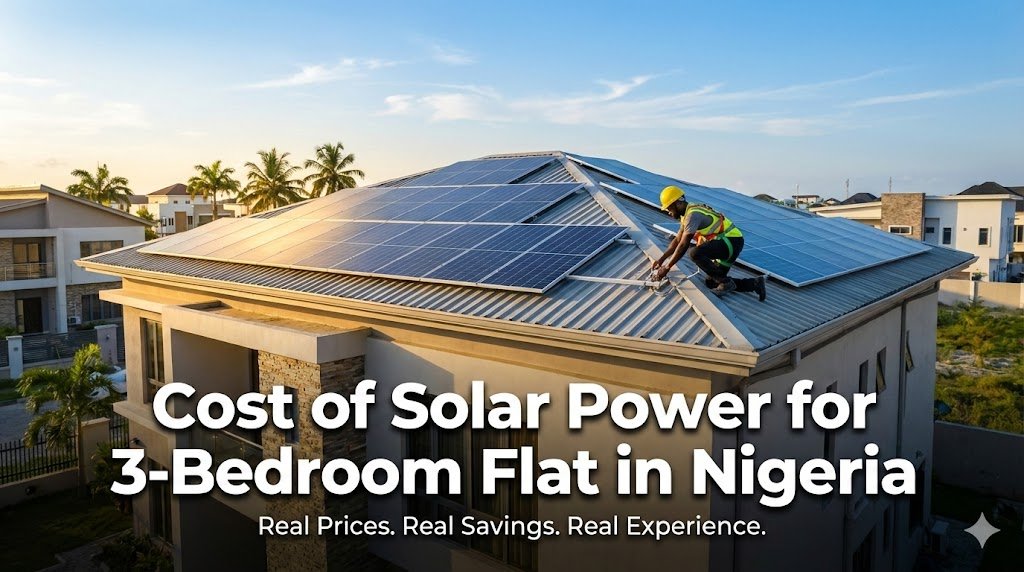 Professional 5kVA solar panel installation on a modern 3-bedroom flat rooftop in Lagos, Nigeria with blue sky background