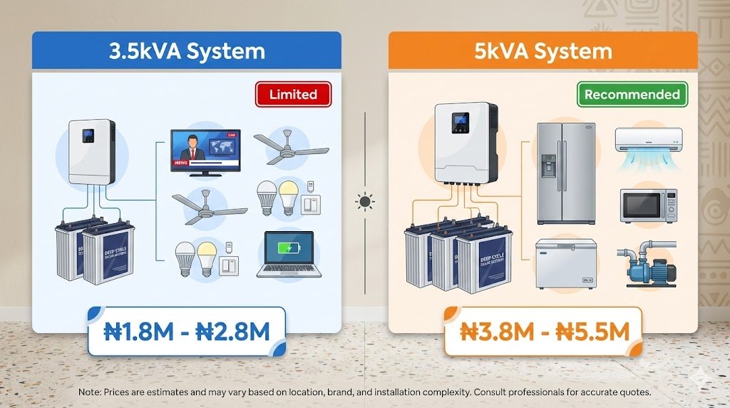 Side-by-side visual comparison of 3.5kVA and 5kVA solar systems showing component differences and appliance capacity