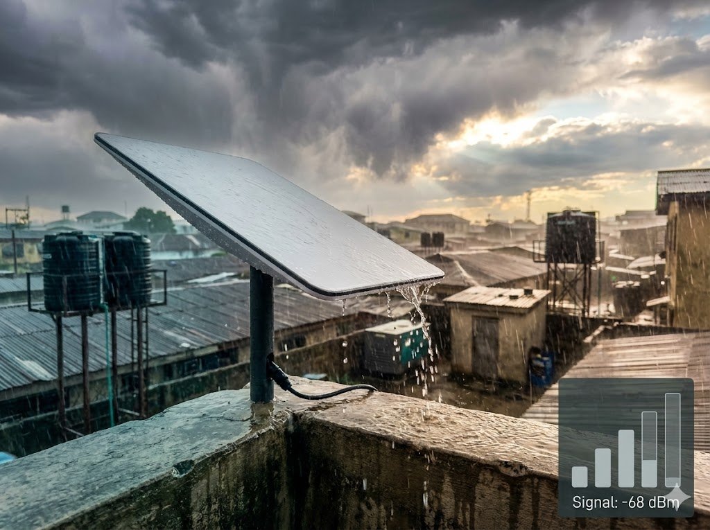 Starlink dish mounted on Nigerian rooftop during heavy tropical rainstorm with signal strength meter overlay showing degraded performance