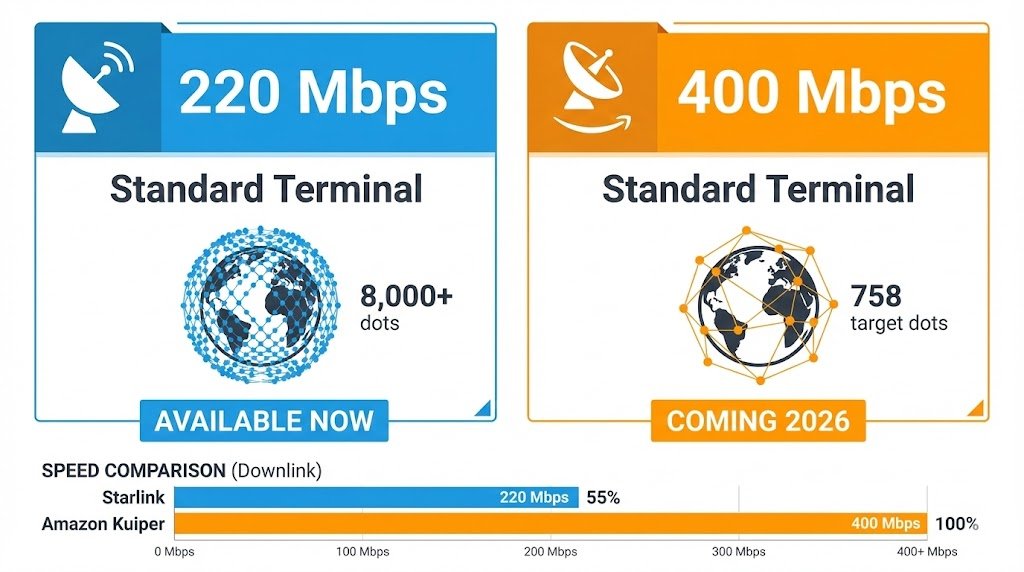 Infographic comparing Starlink 220Mbps versus Amazon Kuiper 400Mbps download speeds with satellite icons